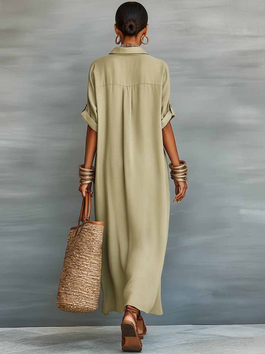 Robe Maxi en Lin Minimaliste pour Femme avec Manches Courtes