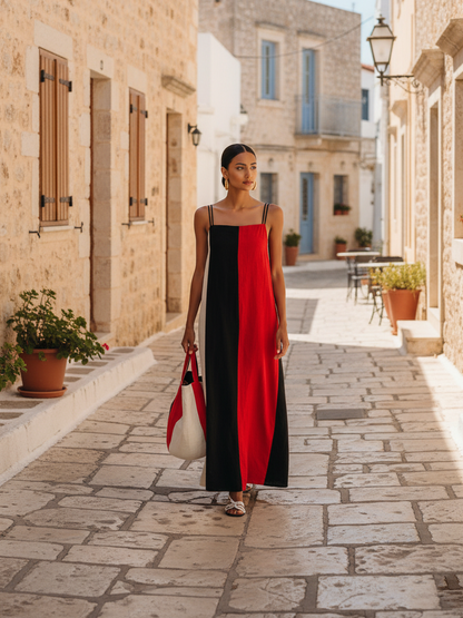 Robe Maxi Minimaliste Femme en Lin Mistoe avec Col Carré et Bretelles
