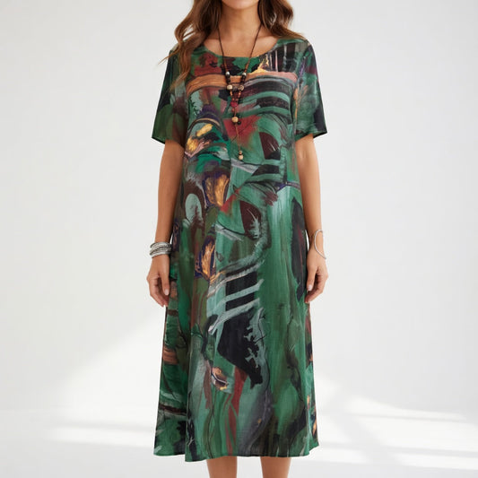 Robe longue fluide avec impression artistique — Élégance bohémienne estivale