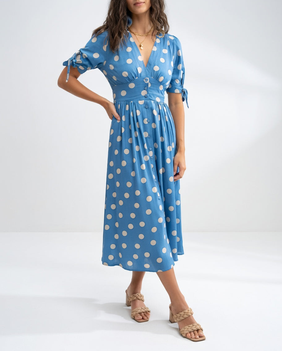 Robe Midi à Pois - Élégance Intemporelle pour Femme