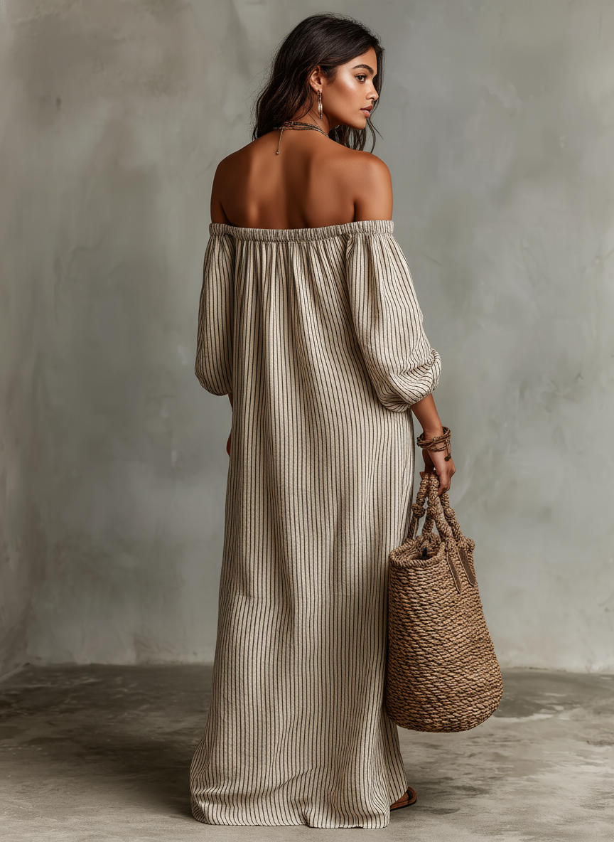 Robe Maxi en Coton-Lin Off-shoulder à Manches Longues pour Femmes