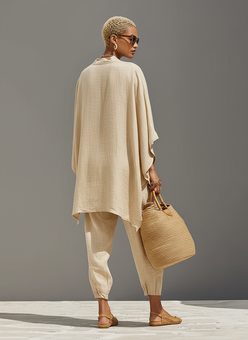 Ensemble Neutre en Lin pour Femme avec Ourlet Asymétrique et Design Minimaliste, Style Quotidien-Casual Sophistiqué
