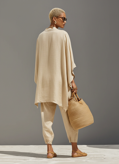 Ensemble Neutre en Lin pour Femme avec Ourlet Asymétrique et Design Minimaliste, Style Quotidien-Casual Sophistiqué