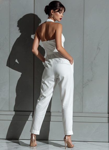 Salopette Ample En Coton Et Lin Couleur Ivoire Avec Taille Fine Pour Femme