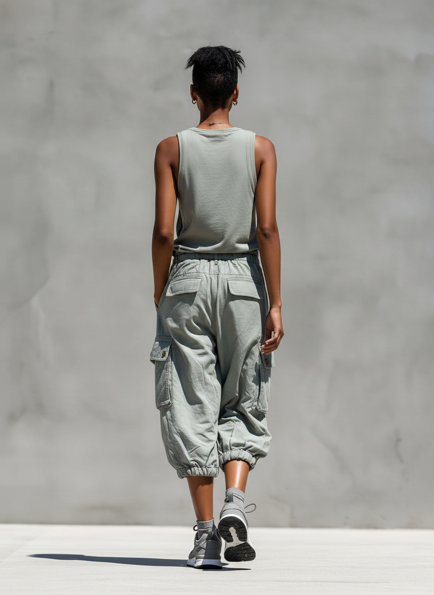 Ensemble Deux Pièces Femme Débardeur Gris Sans Manches et Pantalons Courts Cargo