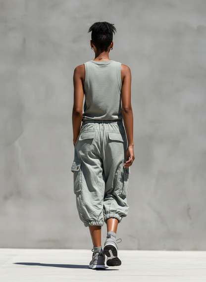 Ensemble Deux Pièces Femme Débardeur Gris Sans Manches et Pantalons Courts Cargo