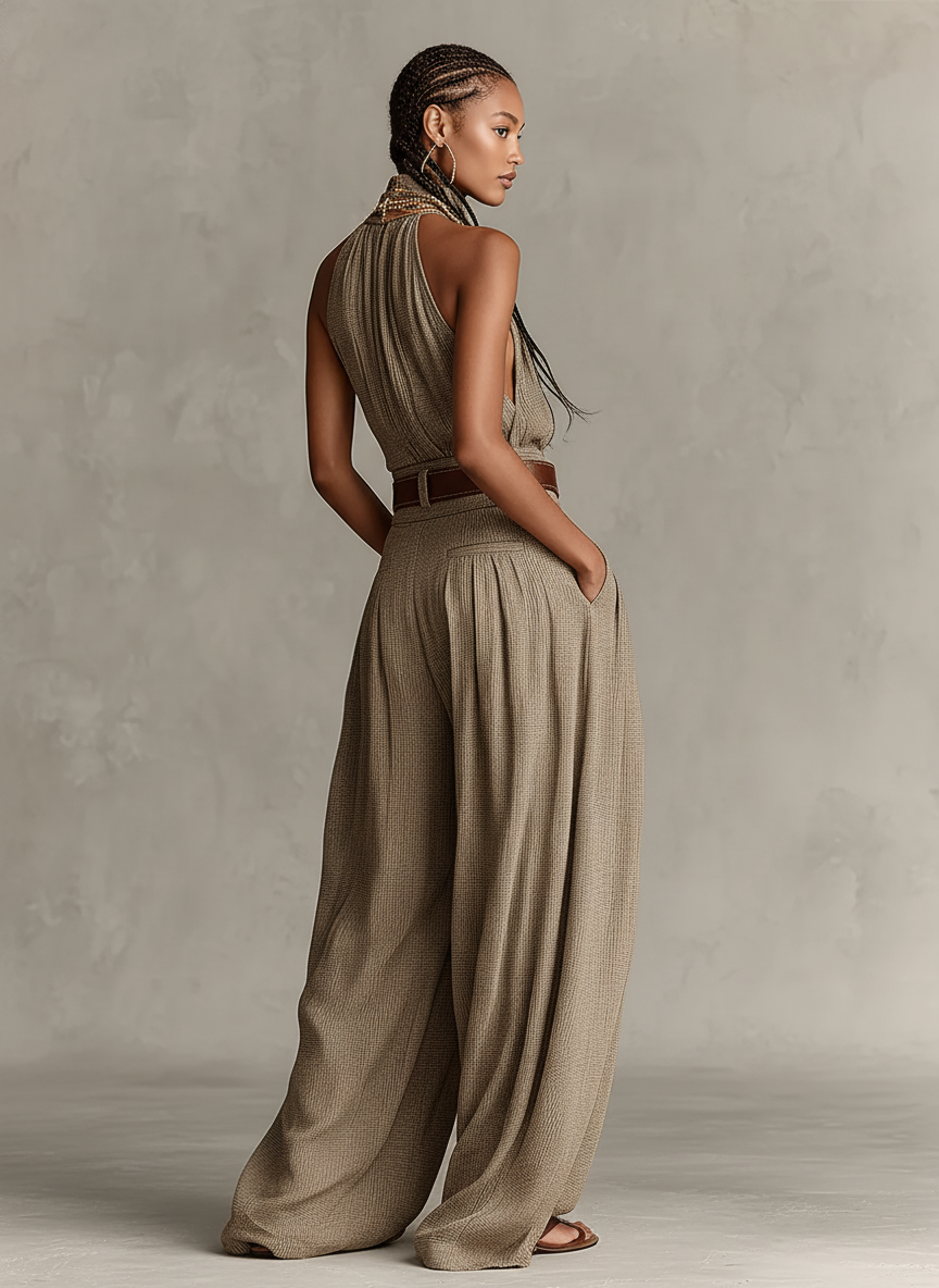 Combinaison en Coton Mélangé Taupe pour Femme avec Col Américain et Silhouette à Jambes Larges, Style Boho-Élégant Intemporel (Sans Ceinture)