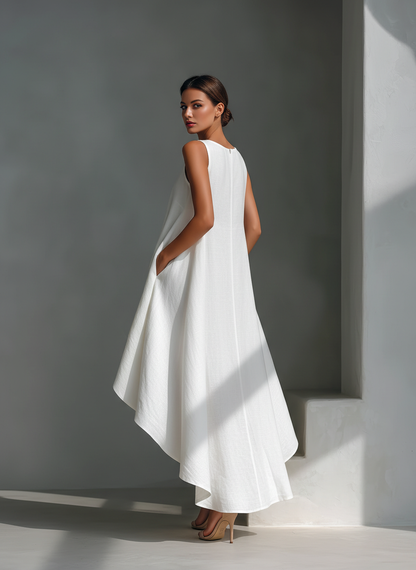 Robe Midi Sans Manches en Lin Blanc pour Femme avec Col Ronde et Ourlet Asymétrique
