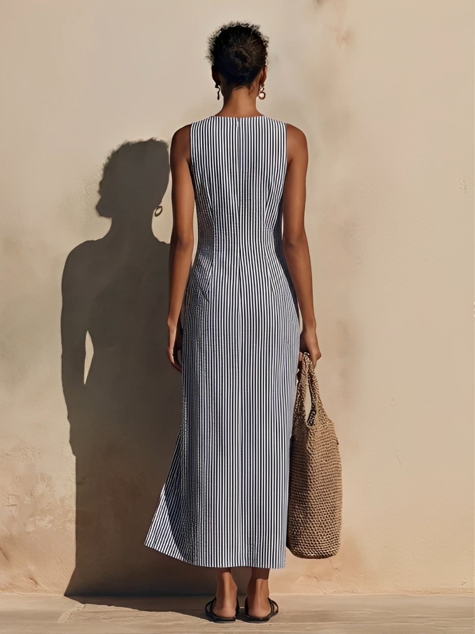 Robe Maxi en Coton Bleu-Blanc à Rayures pour Femme avec Style Blazer et Double Boutonnage, Robe Nautique Décontractée Indémodable