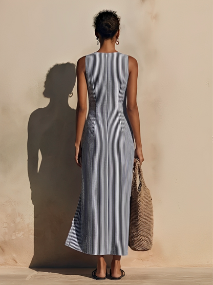Robe Maxi en Coton Bleu-Blanc à Rayures pour Femme avec Style Blazer et Double Boutonnage, Robe Nautique Décontractée Indémodable