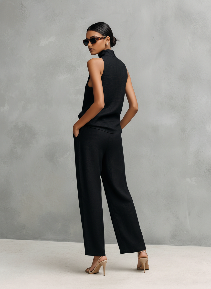 Ensemble Top Sans Manches et Pantalons Élégant en Coton et Lin Noir pour Femme