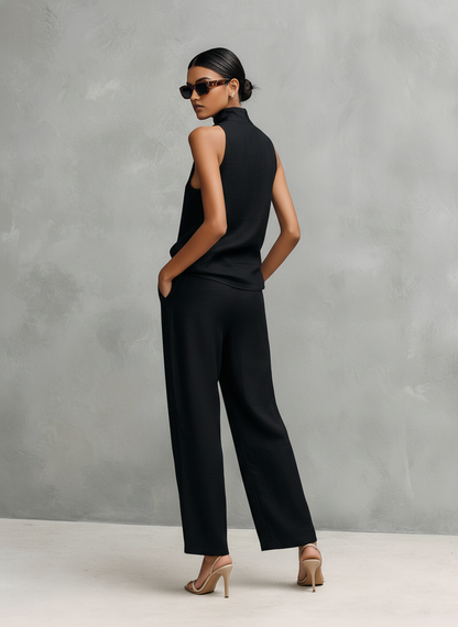 Ensemble Top Sans Manches et Pantalons Élégant en Coton et Lin Noir pour Femme