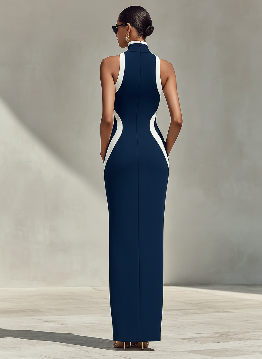 Robe Ajustée Bleu Marine et Blanc avec Détail de la Fermeture Éclair Frontale et Fente Latérale, Robe Élégante et Sans Effort