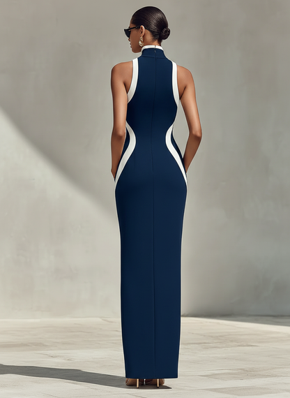 Robe Ajustée Bleu Marine et Blanc avec Détail de la Fermeture Éclair Frontale et Fente Latérale, Robe Élégante et Sans Effort
