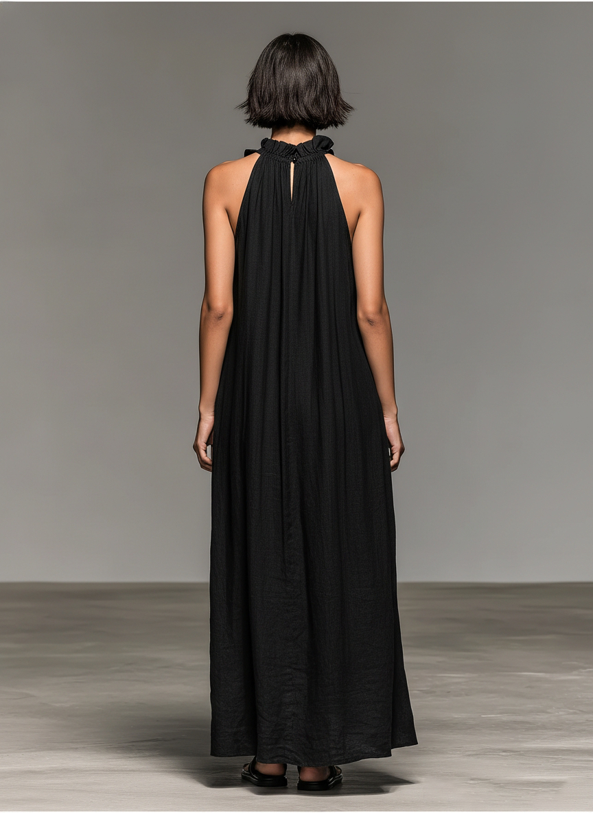Robe Maxi Sans Manches en Mélange de Lin Minimaliste pour Femme avec Détails Volants