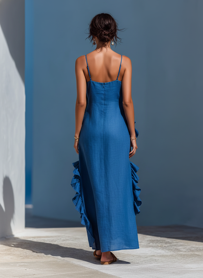 Robe Maxi Femme en Lin Bleu avec Fines Bretelles et Volants