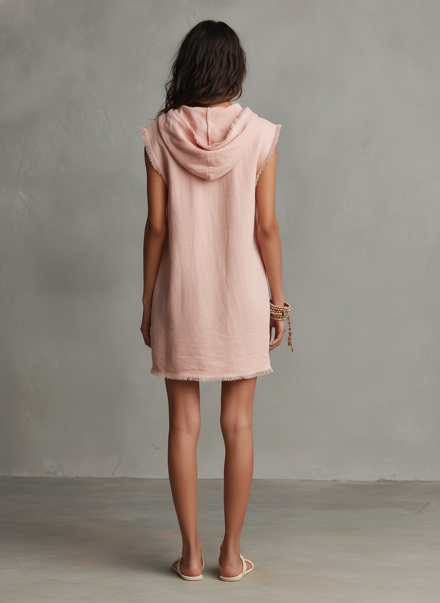 Robe Mini Minimaliste en Mélange de Lin pour Femme — Avec Capuche, Sans Manches, Ourlet Brut