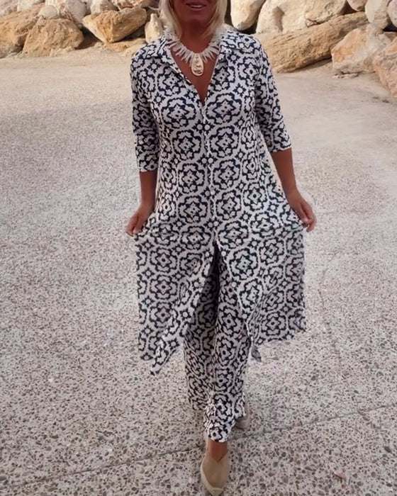 Sara | Ensemble Tunique à Imprimé Géométrique Bohémien et Pantalons à Jambes Larges