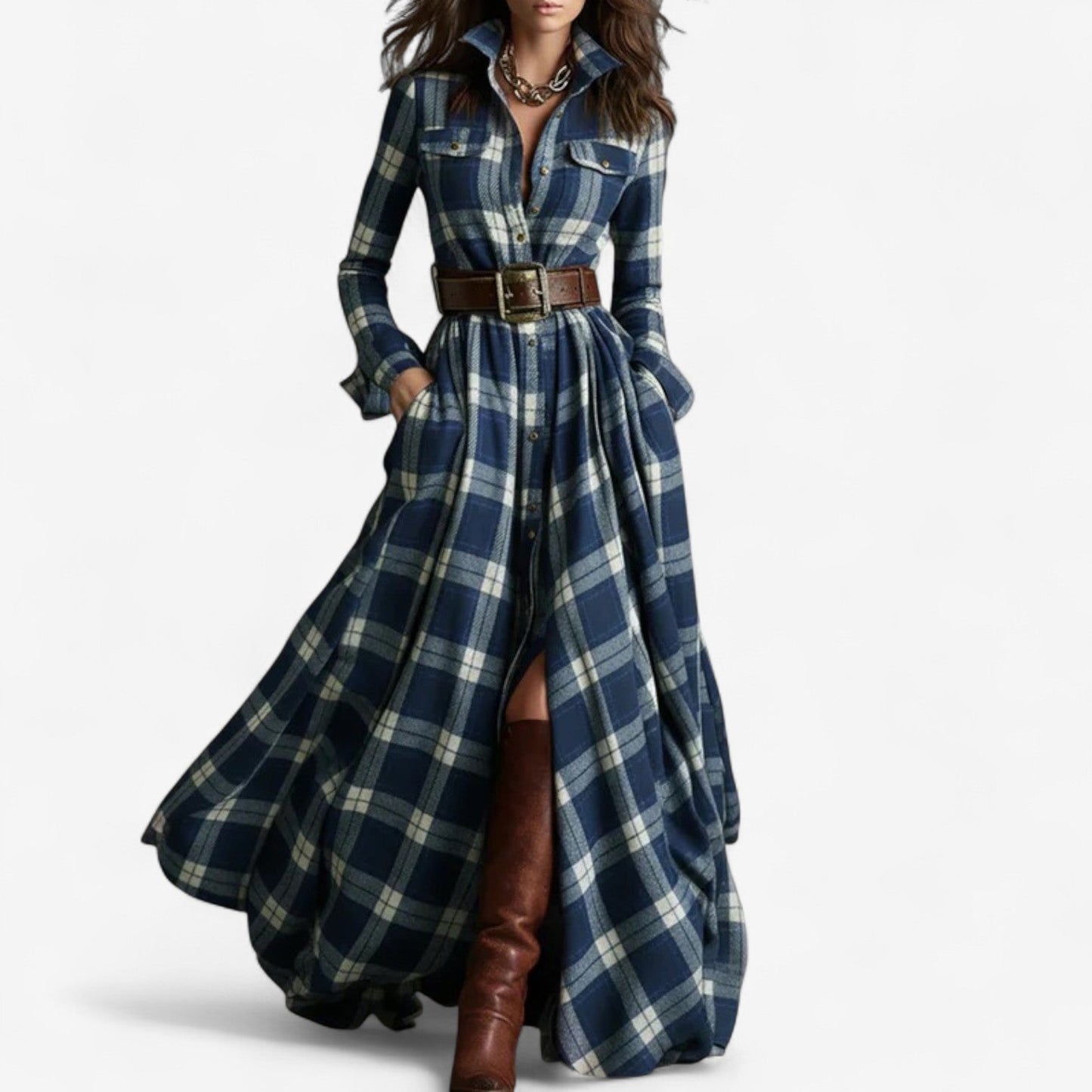 Robe Maxi à Carreaux Intemporelle - Élégance Rustique et Raffinée