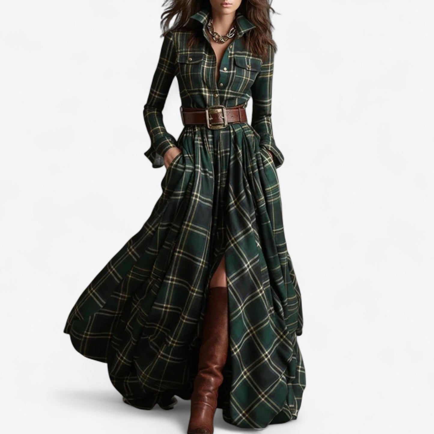 Robe Maxi à Carreaux Intemporelle - Élégance Rustique et Raffinée