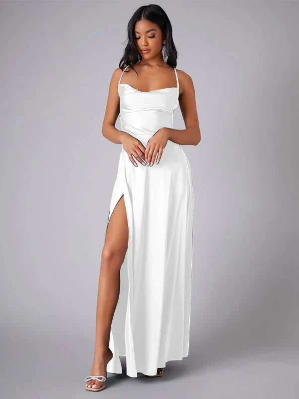 Robe Maxi de Soirée à Bretelles Spaghetti pour Femmes avec Fente Haute