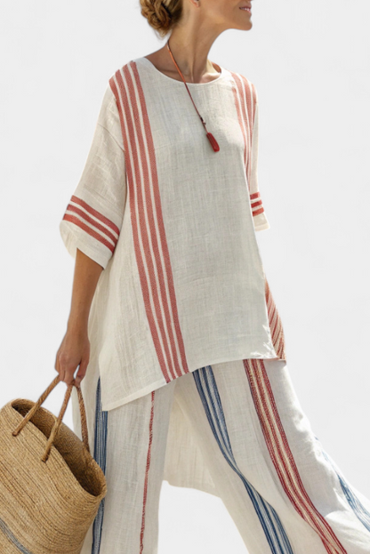 Solvane | Haut rayé multicolore sophistiqué & Pantalons méditerranéens