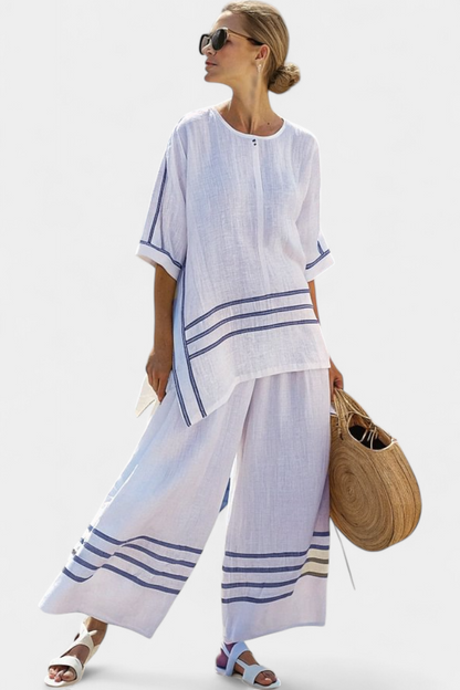 Ensemble Chic à Rayures - Pantalon Large et Blouse Asymétrique pour Femme
