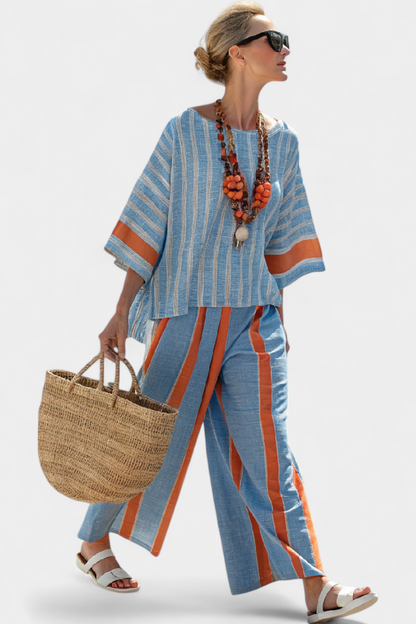 Velmere | Haut en Terracotta Rayé Sophistiqué & Pantalon en Lin