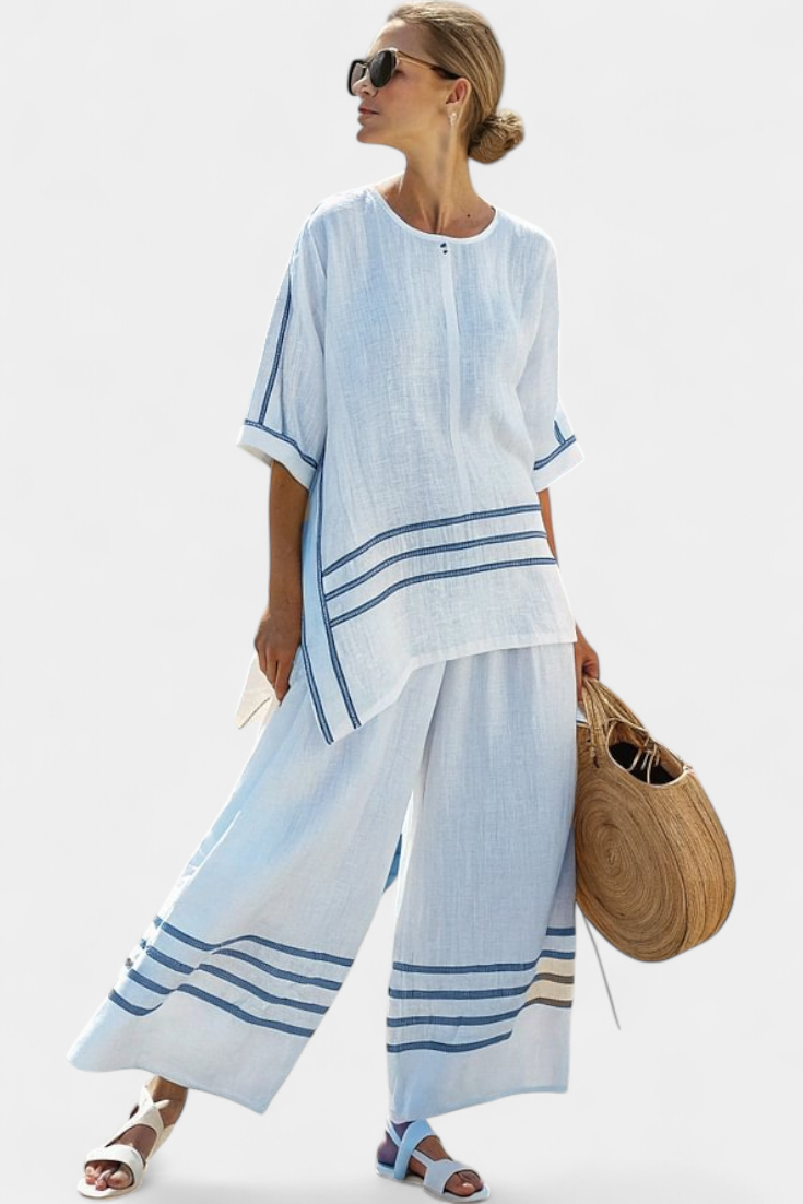 Ensemble Chic à Rayures - Pantalon Large et Blouse Asymétrique pour Femme