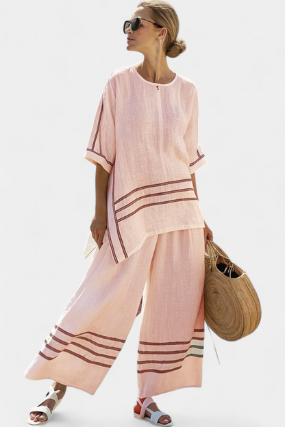 Ensemble Chic à Rayures - Pantalon Large et Blouse Asymétrique pour Femme