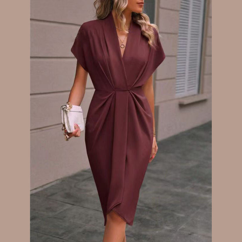 Robe Midi à Manches Courtes pour Femme avec Devant Drapé et Fente Latérale