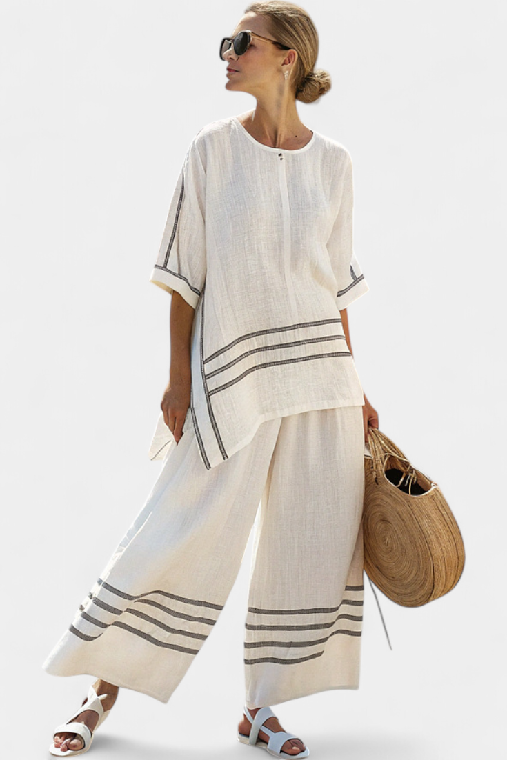 Ensemble Chic à Rayures - Pantalon Large et Blouse Asymétrique pour Femme