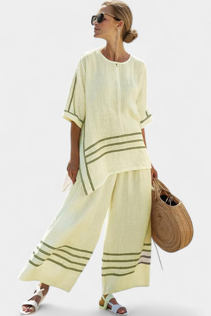 Ensemble Chic à Rayures - Pantalon Large et Blouse Asymétrique pour Femme