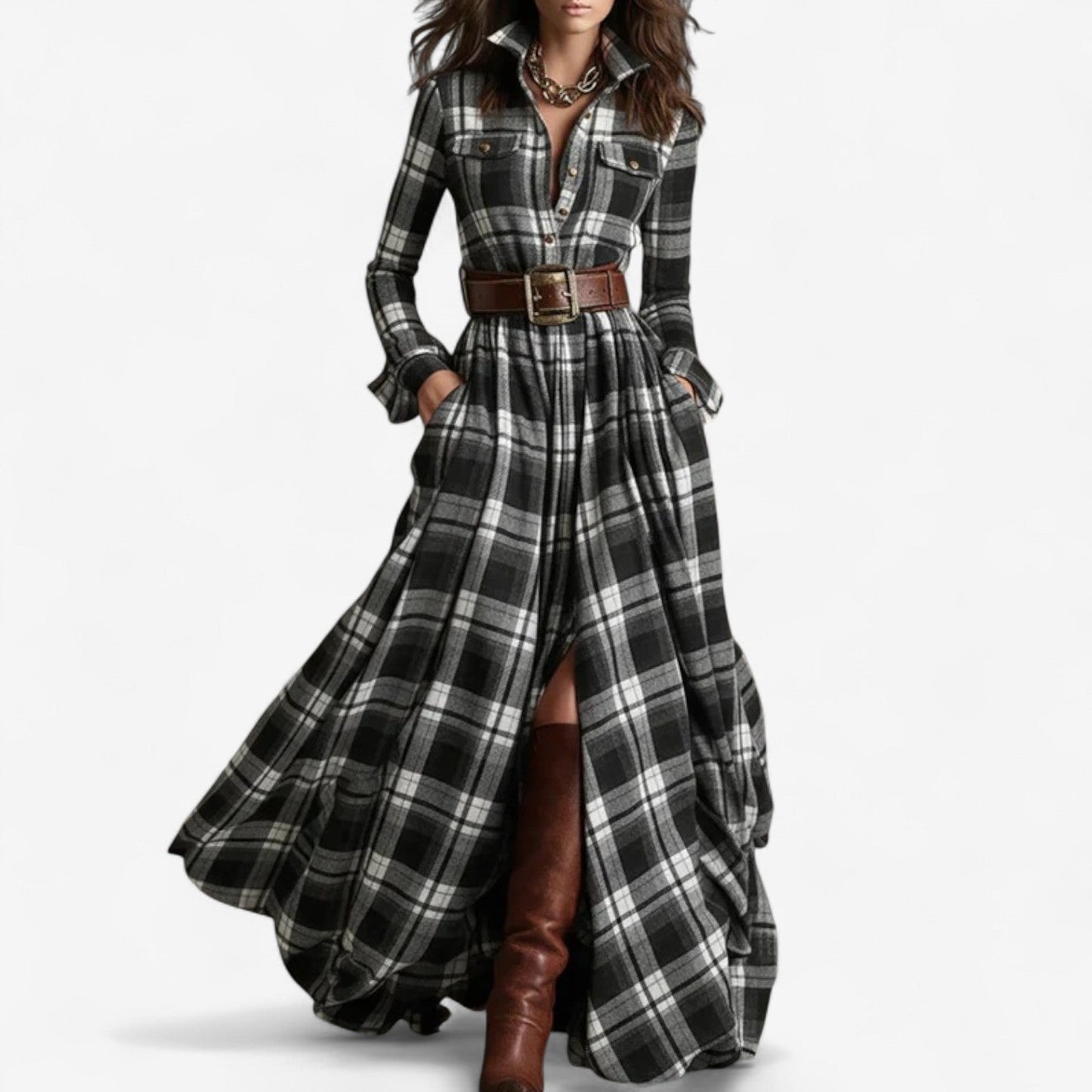 Robe Maxi à Carreaux Intemporelle - Élégance Rustique et Raffinée