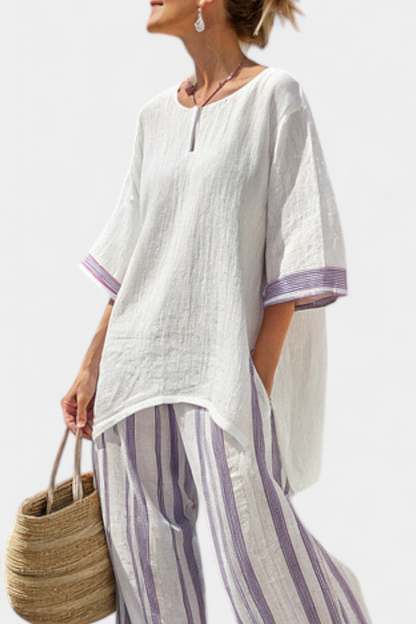 Luxmere | Blouse Décontractée Confortable & Pantalons en Bambou Rayés