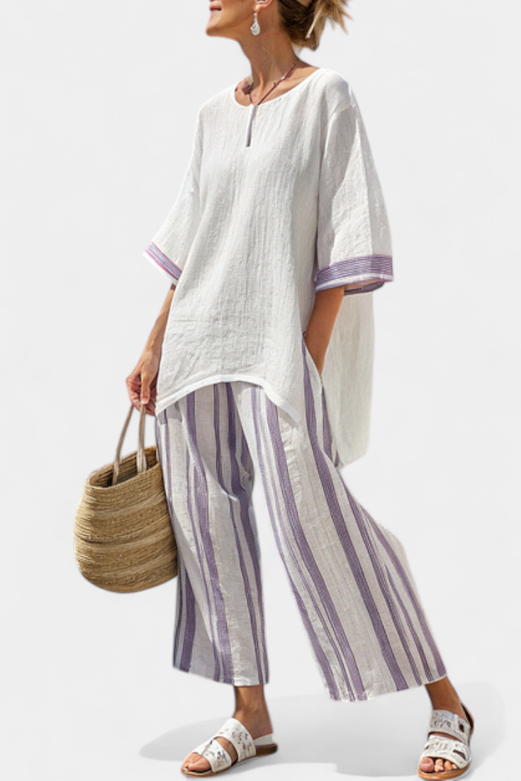 Luxmere | Blouse Décontractée Confortable & Pantalons en Bambou Rayés