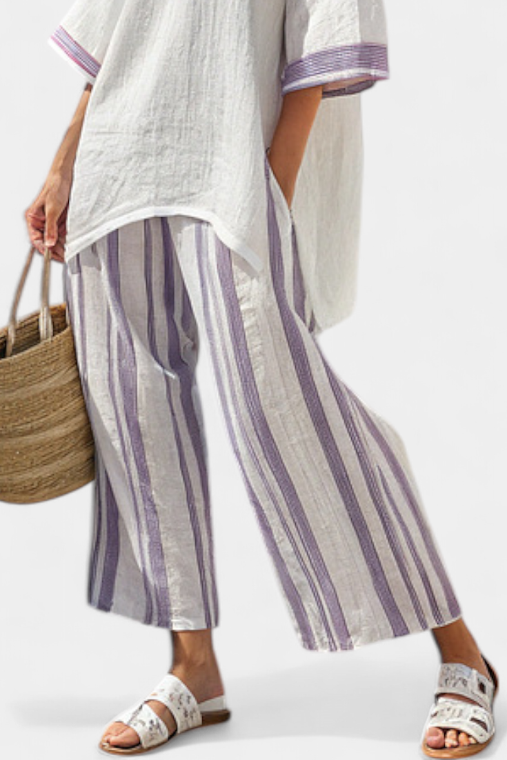 Luxmere | Blouse Décontractée Confortable & Pantalons en Bambou Rayés
