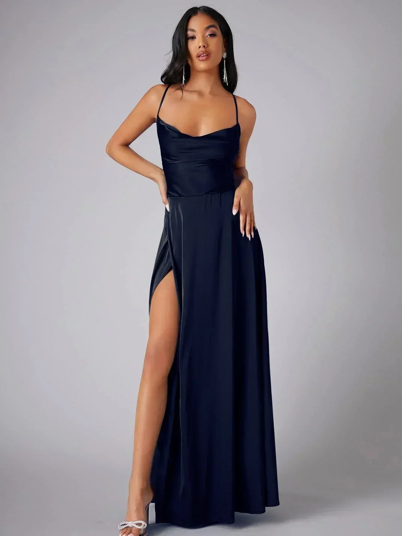 Robe Maxi de Soirée à Bretelles Spaghetti pour Femmes avec Fente Haute