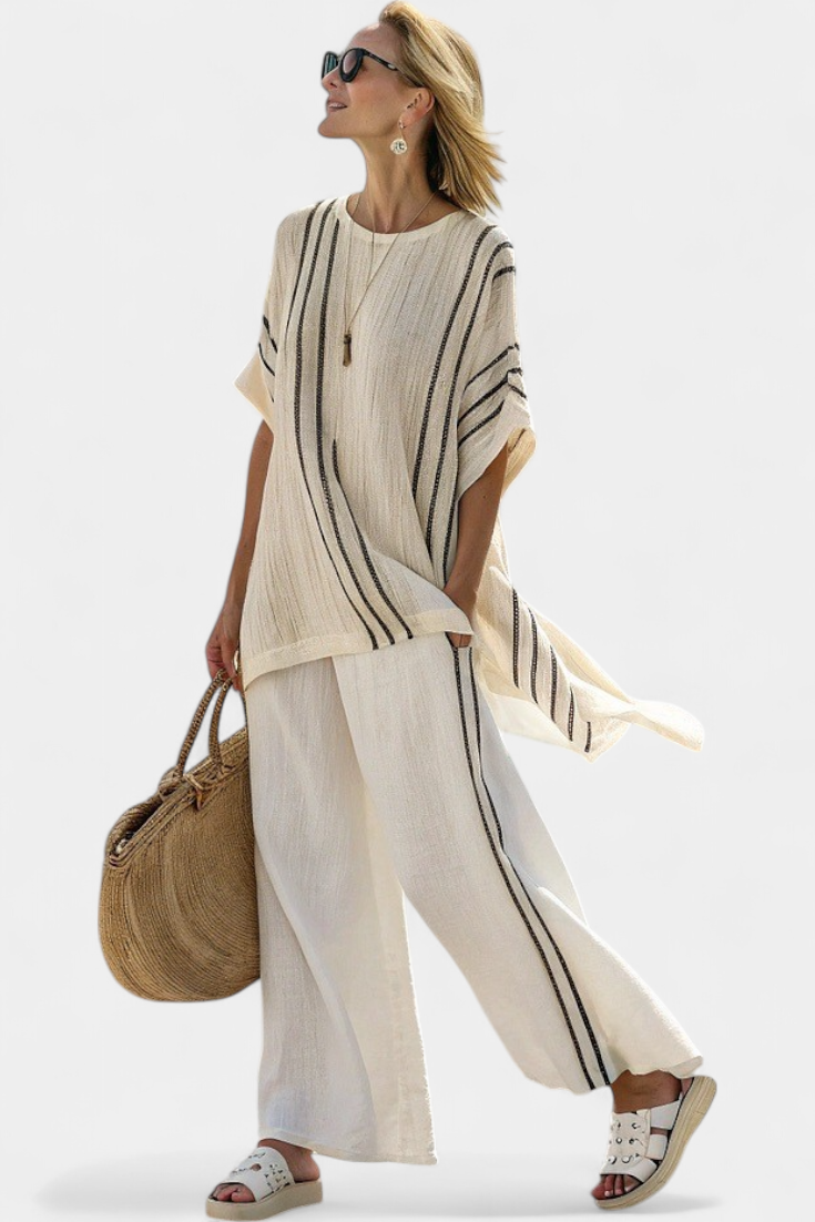 Greysen | Blouse en lin ivoire élégant et pantalon à rayures noires