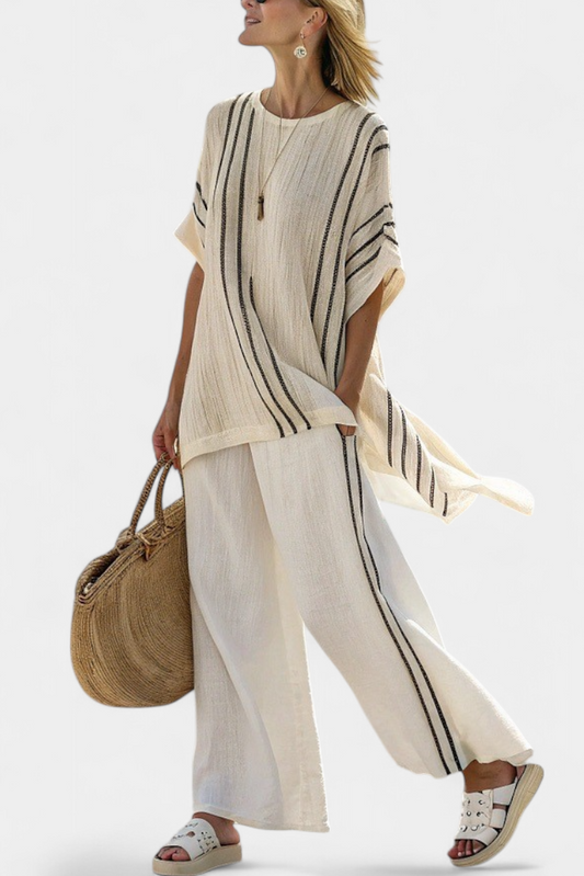 Greysen | Blouse en lin ivoire élégant et pantalon à rayures noires