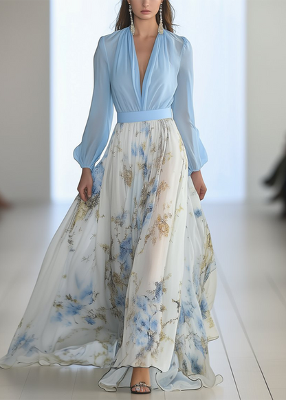 Robe Maxi à Manches Longues pour Femmes avec Décolleté en V Profond et Jupe Imprimée