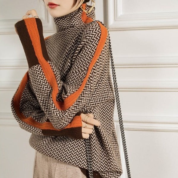 Élise | Pull à col montant avec des rayures contrastées distinctives