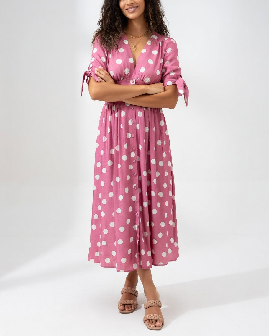 Robe Midi à Pois - Élégance Intemporelle pour Femme