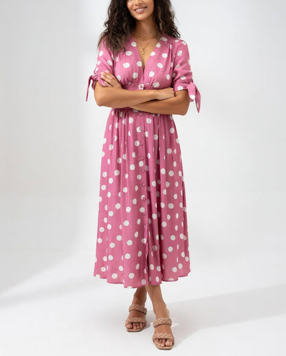 Robe Midi à Pois - Élégance Intemporelle pour Femme