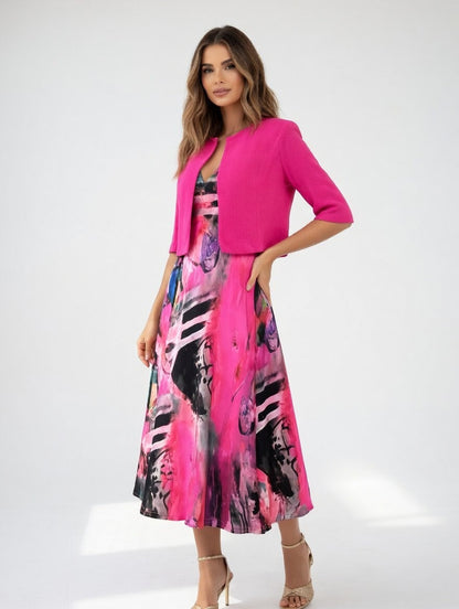 Robe Midi Fluide avec Boléro - Imprimé Artistique Élégant