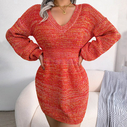 Robe-Pull Manches longues col en V pour femme | Mini