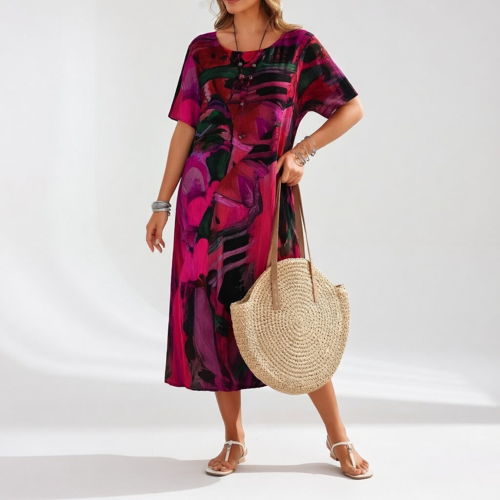 Robe longue fluide avec impression artistique — Élégance bohémienne estivale