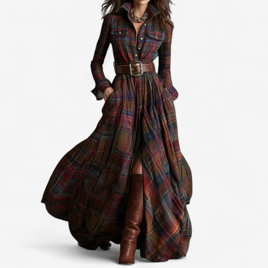 Robe Maxi à Carreaux Intemporelle - Élégance Rustique et Raffinée