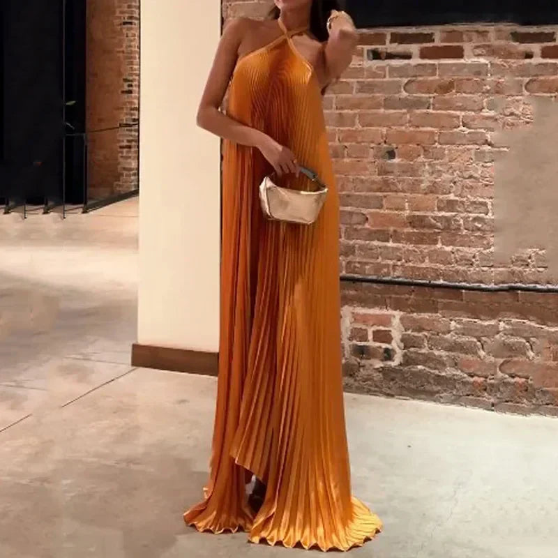 Mira - Robe Maxi avec Col Halter Plissé Chic