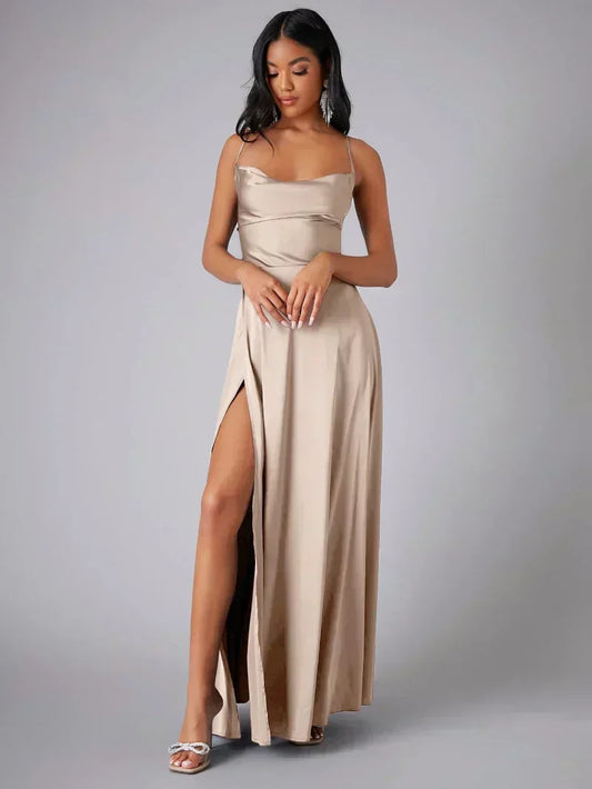Robe Maxi de Soirée à Bretelles Spaghetti pour Femmes avec Fente Haute